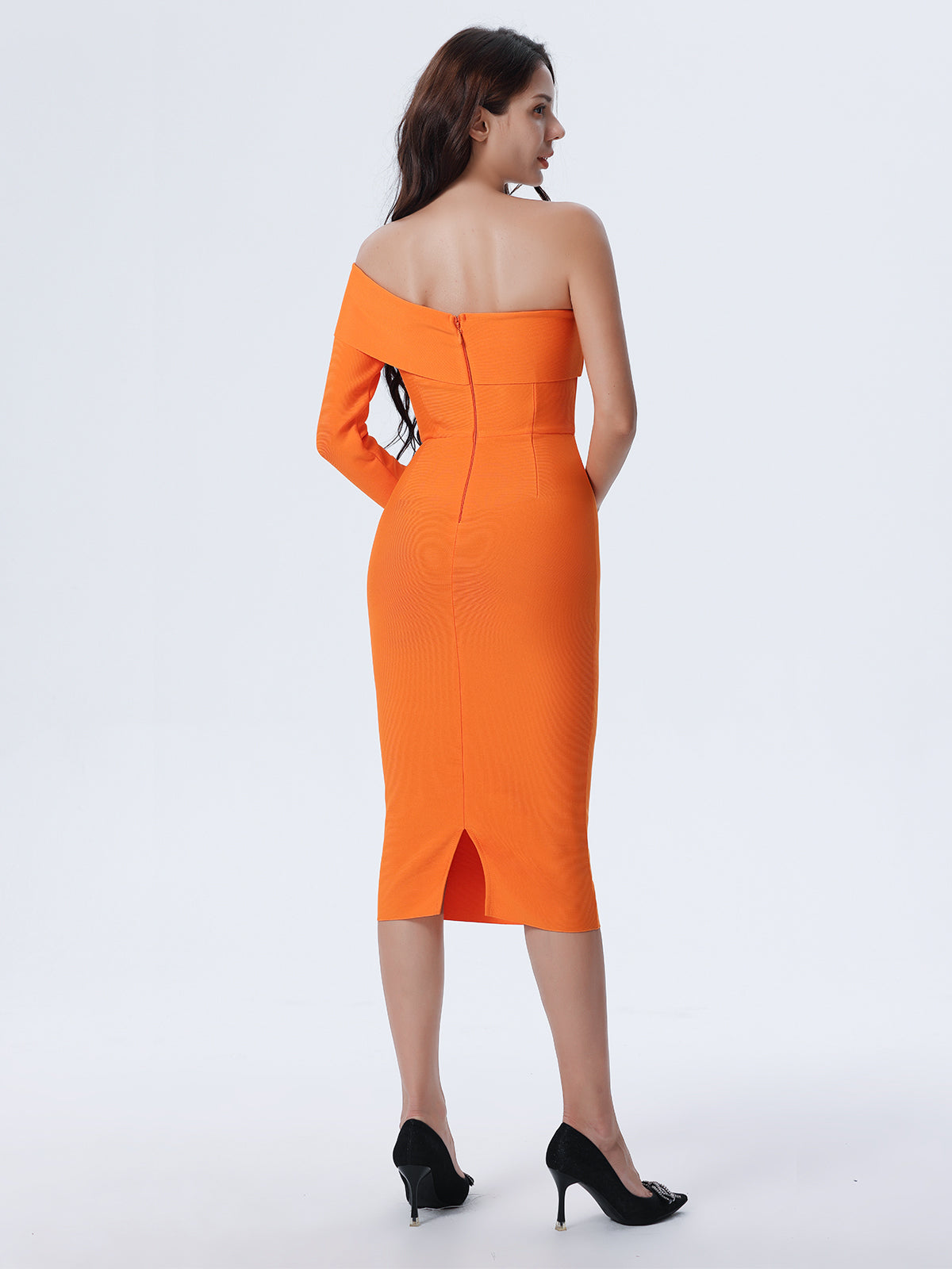 Strapless Long Sleeve One Shoulder Formal Midi Dress